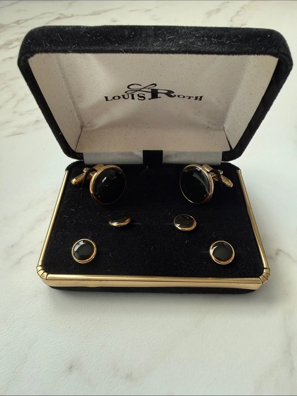 Louis Roth Cufflinks and Tuxedo Studs Coordinated Mens Black Gold Set New